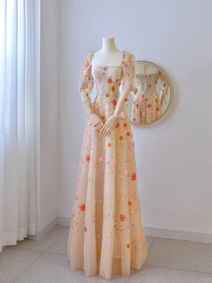 Cute A line Strapless With Long Sleeves Lace Floral Long Prom Dresses Formal Party Dress Prom Gown AU102