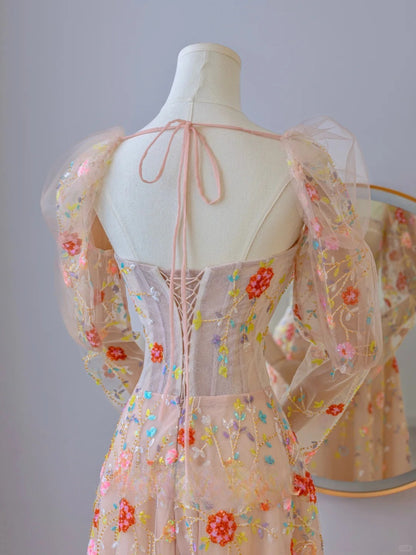Cute A line Strapless With Long Sleeves Lace Floral Long Prom Dresses Formal Party Dress Prom Gown AU102