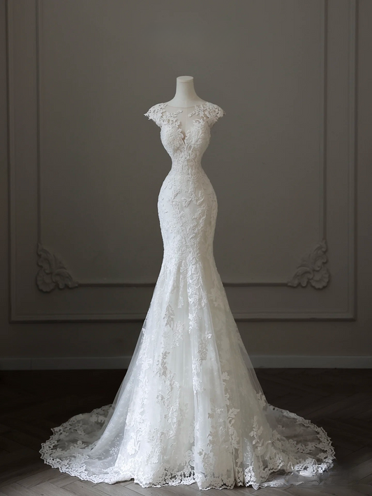 Vintage Mermaid Scoop White Lace Long Wedding Dress Fairy Formal Wedding Dresses AU105
