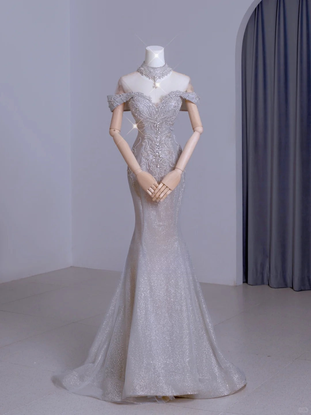 Cute Mermaid Off The Shoulder Silver With Short Sleeves Beads Long Prom Dresses Formal Party Dress Prom Gown AU105