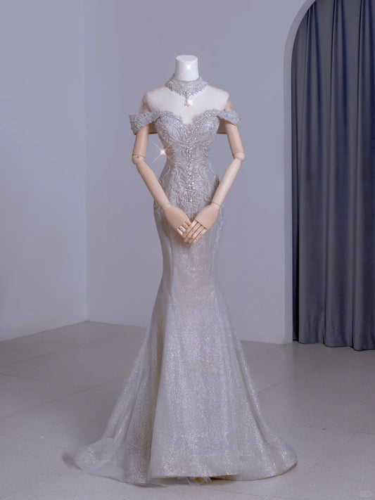 Cute Mermaid Off The Shoulder Silver With Short Sleeves Beads Long Prom Dresses Formal Party Dress Prom Gown AU105