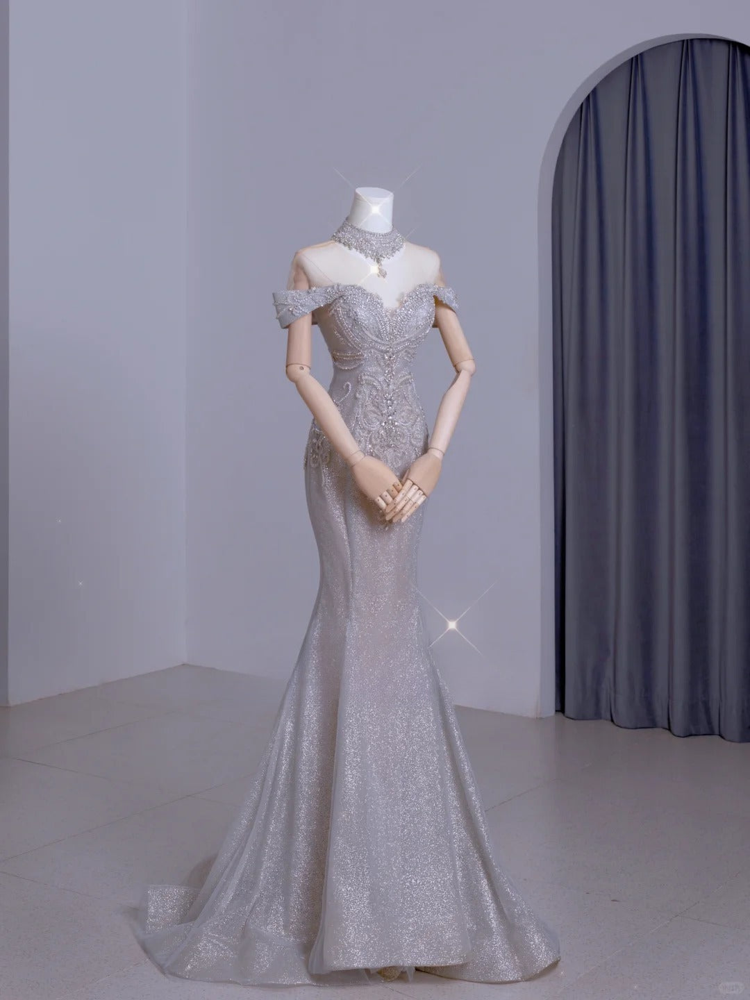 Cute Mermaid Off The Shoulder Silver With Short Sleeves Beads Long Prom Dresses Formal Party Dress Prom Gown AU105