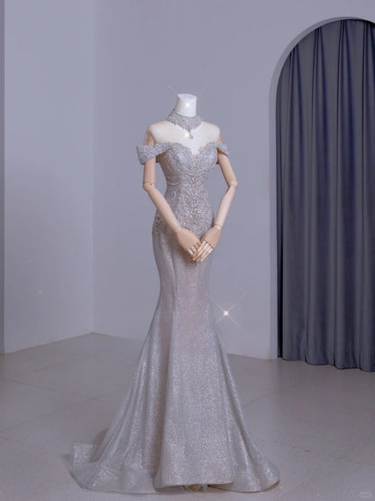 Cute Mermaid Off The Shoulder Silver With Short Sleeves Beads Long Prom Dresses Formal Party Dress Prom Gown AU105