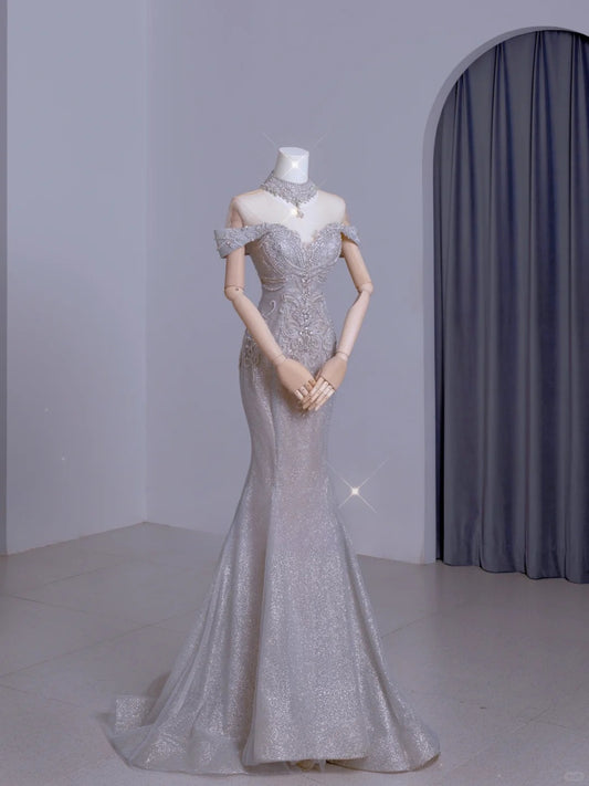 Cute Mermaid Off The Shoulder Silver With Short Sleeves Beads Long Prom Dresses Formal Party Dress Prom Gown AU105