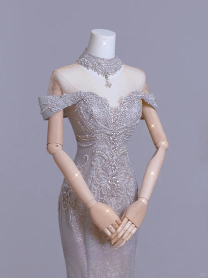 Cute Mermaid Off The Shoulder Silver With Short Sleeves Beads Long Prom Dresses Formal Party Dress Prom Gown AU105