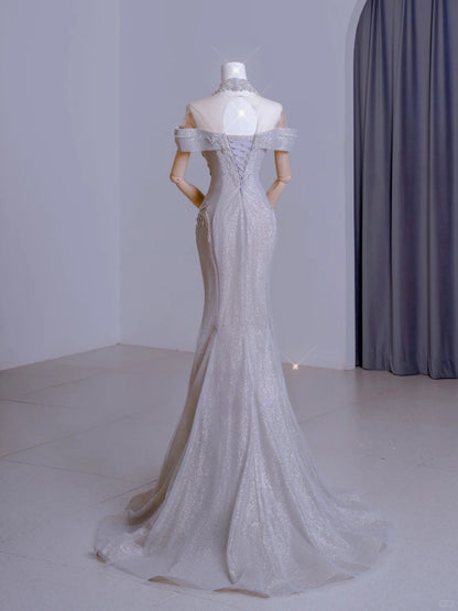 Cute Mermaid Off The Shoulder Silver With Short Sleeves Beads Long Prom Dresses Formal Party Dress Prom Gown AU105