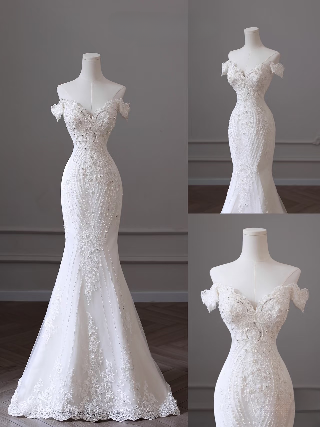 Romantic Mermaid Off The Shoulder Lace White Short Sleeves Wedding Dress Fairy Formal Wedding Dresses AU106