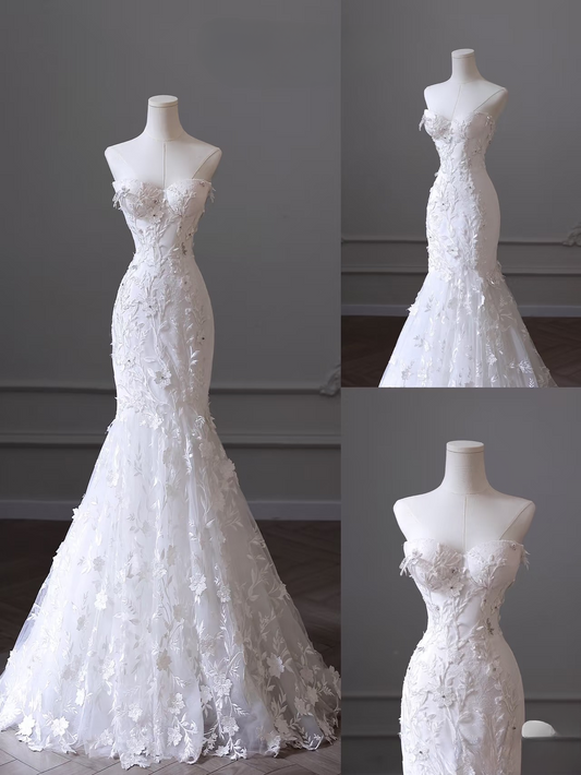 Vintage Mermaid Sweetheart White Lace Long Wedding Dress Fairy Formal Wedding Dresses AU107