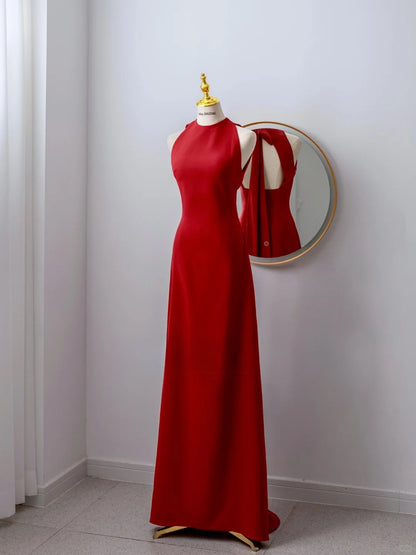Simple A Line Scoop Neck Red Satin Backless Long Prom Dresses Formal Party Dress Prom Gown AU107