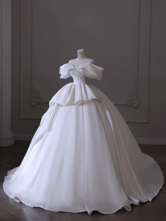 Dreamy Ball Gown Off The Shoulder Satin White Short Sleeves Wedding Dress Fairy Formal Wedding Dresses AU108