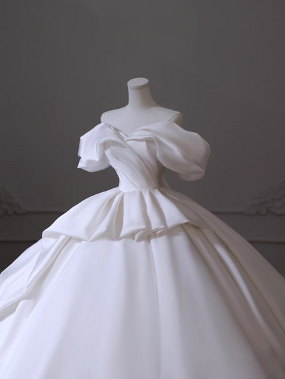 Dreamy Ball Gown Off The Shoulder Satin White Short Sleeves Wedding Dress Fairy Formal Wedding Dresses AU108