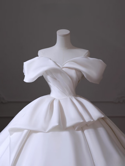 Dreamy Ball Gown Off The Shoulder Satin White Short Sleeves Wedding Dress Fairy Formal Wedding Dresses AU108