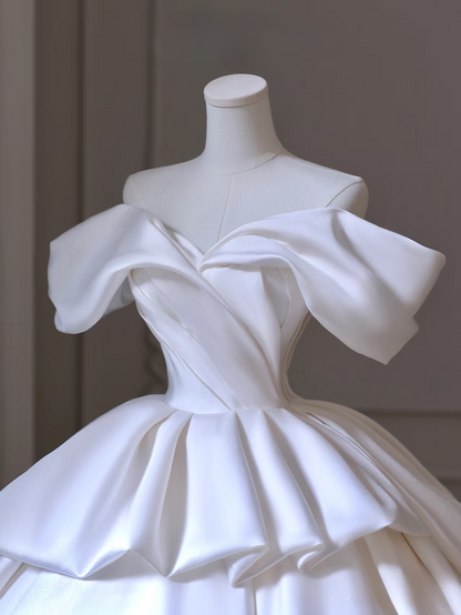 Dreamy Ball Gown Off The Shoulder Satin White Short Sleeves Wedding Dress Fairy Formal Wedding Dresses AU108
