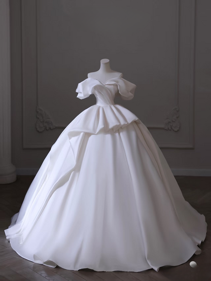 Dreamy Ball Gown Off The Shoulder Satin White Short Sleeves Wedding Dress Fairy Formal Wedding Dresses AU108