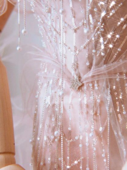 Cute Mermaid Off The Shoulder Blush Pink With Short Sleeves Beads Long Prom Dresses Formal Party Dress Prom Gown AU110