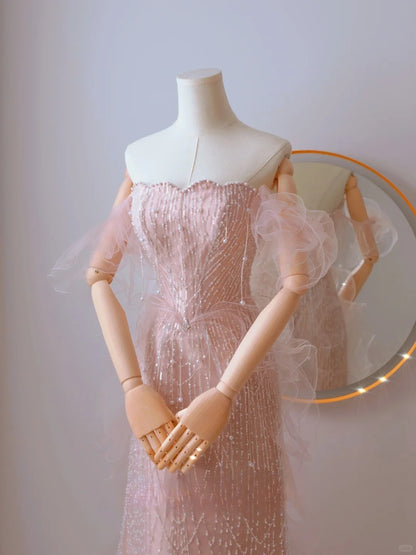 Cute Mermaid Off The Shoulder Blush Pink With Short Sleeves Beads Long Prom Dresses Formal Party Dress Prom Gown AU110