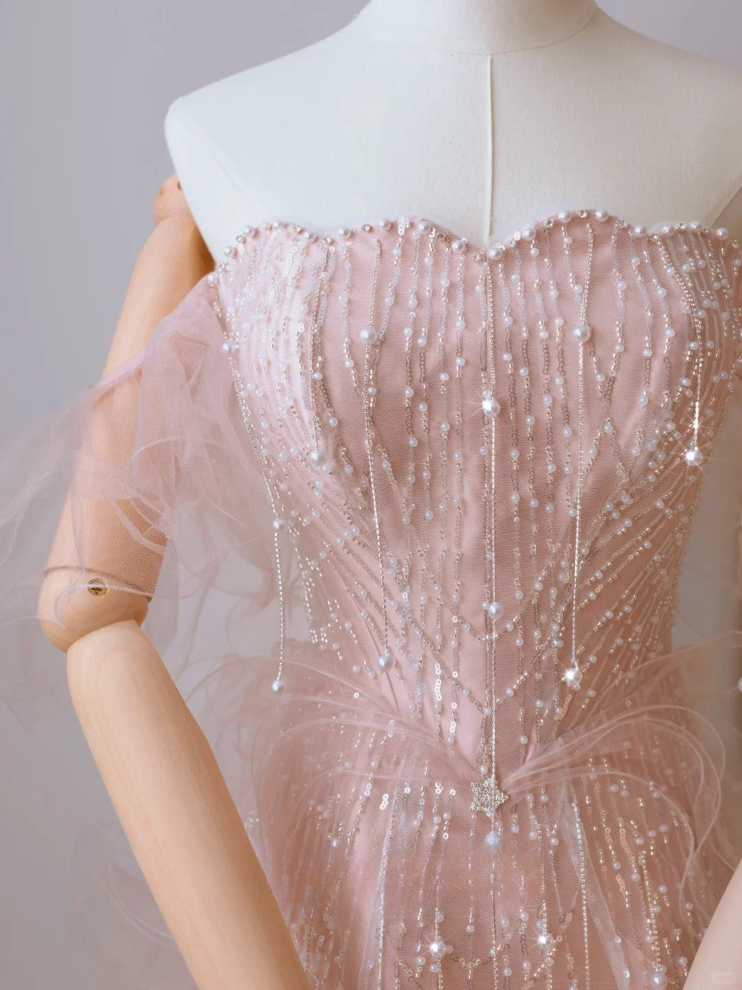 Cute Mermaid Off The Shoulder Blush Pink With Short Sleeves Beads Long Prom Dresses Formal Party Dress Prom Gown AU110