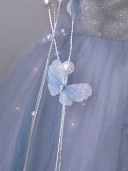 Charming Ball Gown Sweetheart Blue Tulle Long Prom Dresses Formal Party Dress Prom Gown AU112