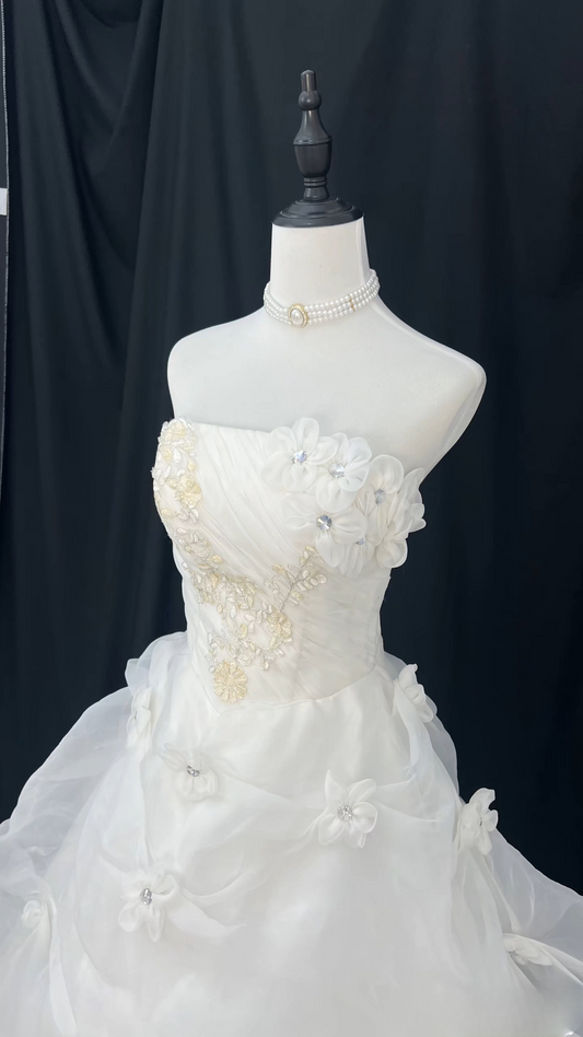 Retro Ball Gown Strapless Organza 80s White Long Wedding Dress Bride Gowns Wedding Dresses AU112