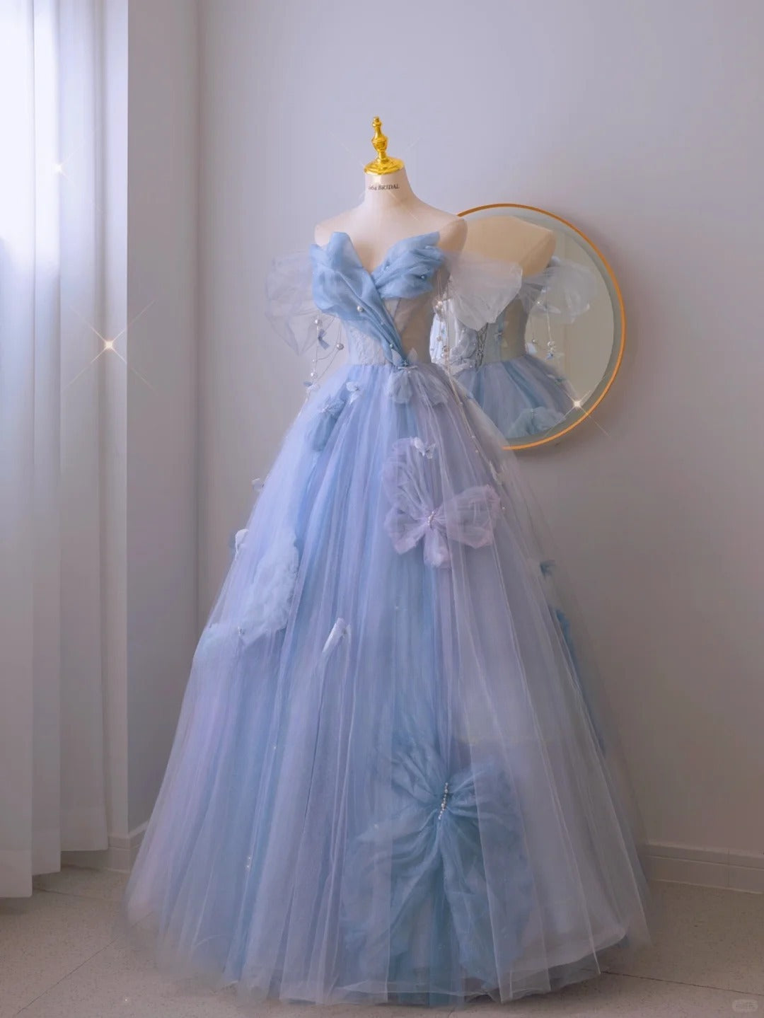 Charming Ball Gown Sweetheart Blue Tulle Long Prom Dresses Formal Party Dress Prom Gown AU112