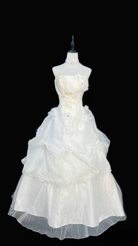 Retro Ball Gown Strapless Organza 80s White Long Wedding Dress Bride Gowns Wedding Dresses AU112