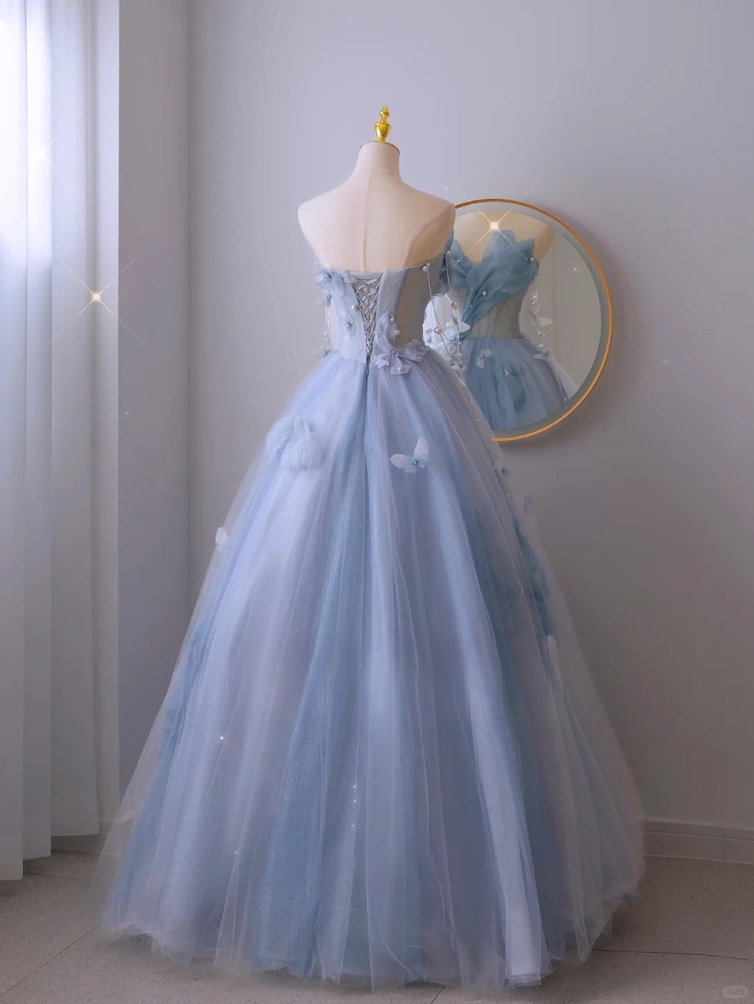 Charming Ball Gown Sweetheart Blue Tulle Long Prom Dresses Formal Party Dress Prom Gown AU112