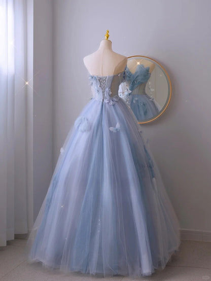Charming Ball Gown Sweetheart Blue Tulle Long Prom Dresses Formal Party Dress Prom Gown AU112