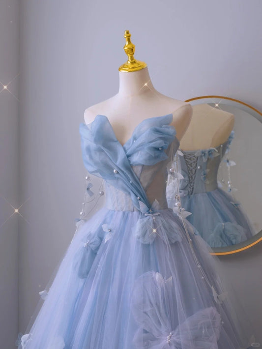 Charming Ball Gown Sweetheart Blue Tulle Long Prom Dresses Formal Party Dress Prom Gown AU112