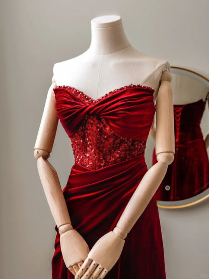 Charming Mermaid Sweetheart Red Velvet Long Prom Dresses Formal Party Dress Prom Gown AU115