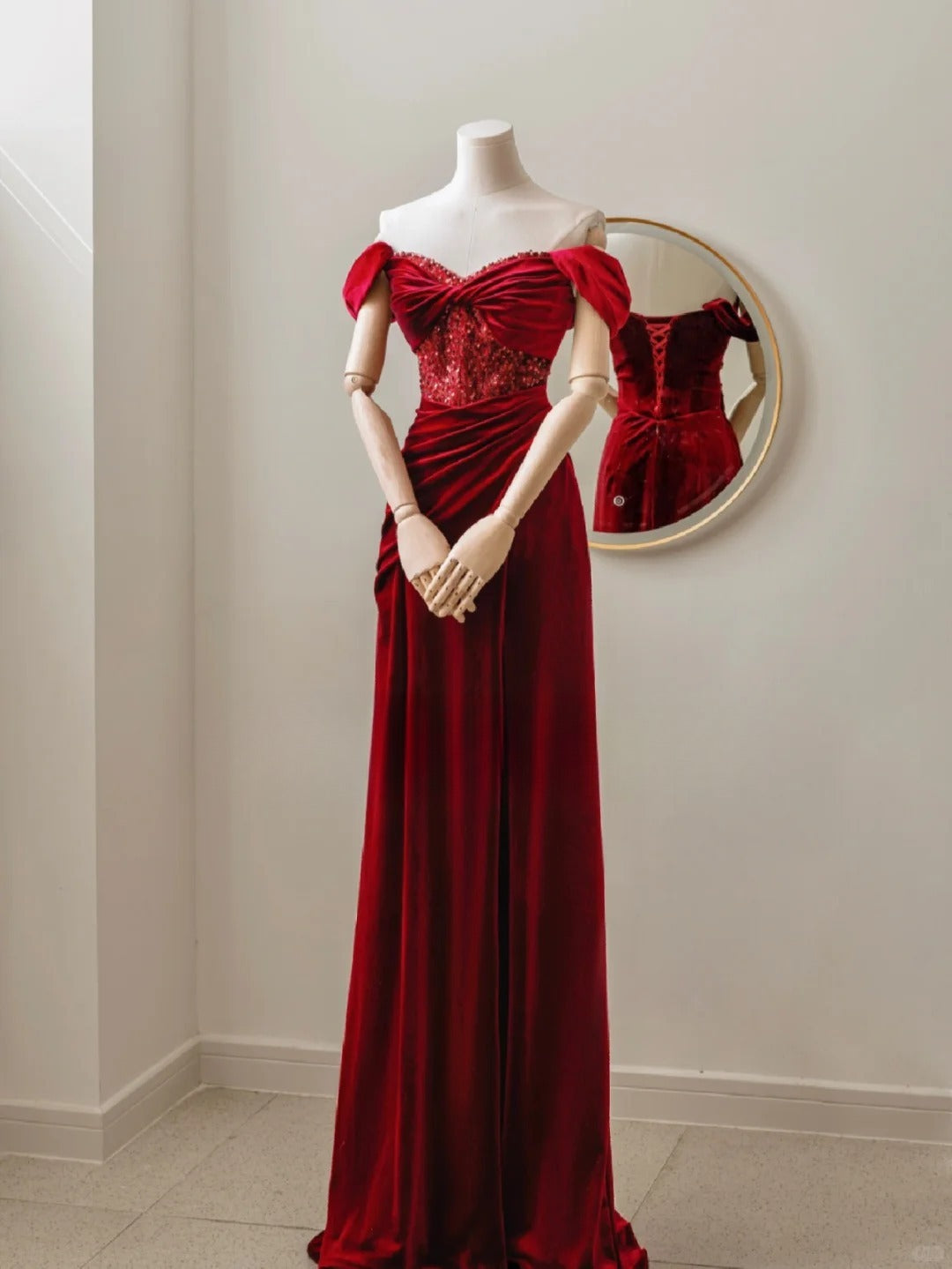 Charming Mermaid Sweetheart Red Velvet Long Prom Dresses Formal Party Dress Prom Gown AU115