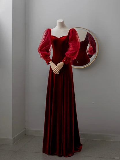 Charming A line Sweetheart Red Velvet Long Prom Dresses Formal Party Dress Prom Gown AU118