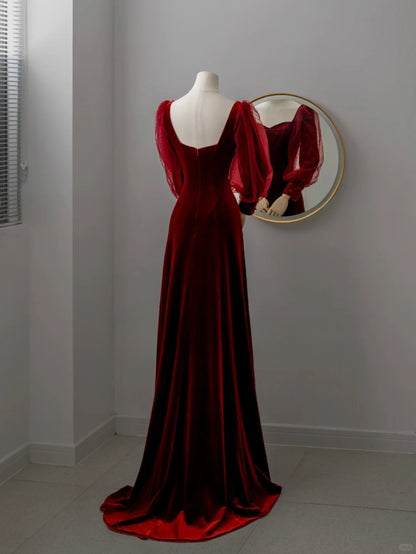 Charming A line Sweetheart Red Velvet Long Prom Dresses Formal Party Dress Prom Gown AU118