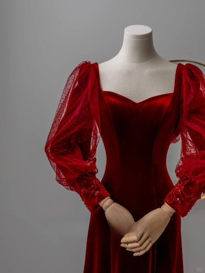 Charming A line Sweetheart Red Velvet Long Prom Dresses Formal Party Dress Prom Gown AU118