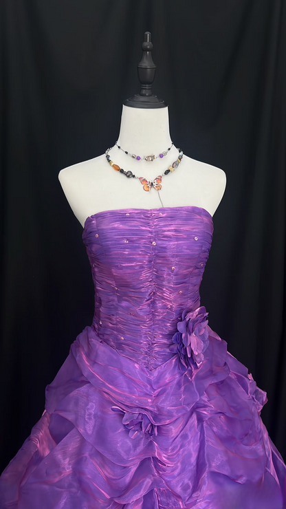 Vintage Strapless Ball Gown Grape Organza Long Quinceanera Dress Strapless Sweet 15 16 Dress AU119