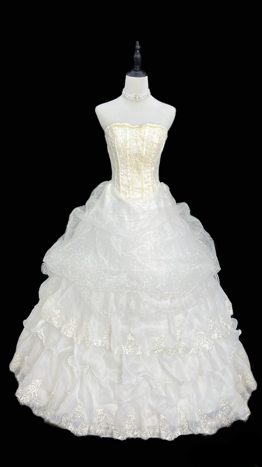 Retro Ball Gown Strapless Lace 90s White Organza Long Wedding Dress Bride Gowns Wedding Dresses AU123