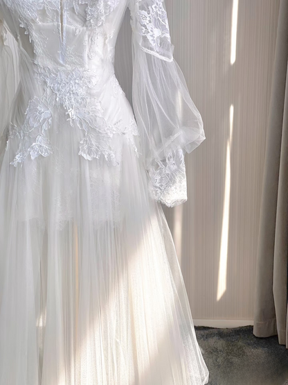 Dreamy A Line V Neck Tulle Lace White Lace Wedding Dress Fairy Formal Wedding Dresses AU126