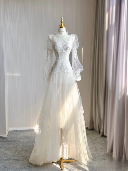 Dreamy A Line V Neck Tulle Lace White Lace Wedding Dress Fairy Formal Wedding Dresses AU126