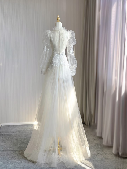 Dreamy A Line V Neck Tulle Lace White Lace Wedding Dress Fairy Formal Wedding Dresses AU126