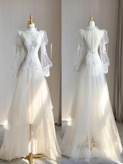 Dreamy A Line V Neck Tulle Lace White Lace Wedding Dress Fairy Formal Wedding Dresses AU126