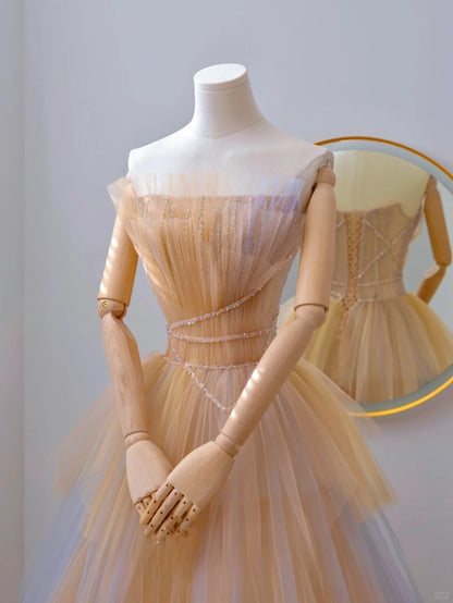 Charming Ball Gown Strapless Sleeveless Tulle Long Prom Dresses Formal Party Dress Prom Gown AU126