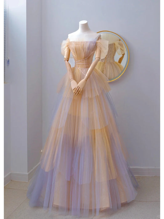 Charming Ball Gown Strapless Sleeveless Tulle Long Prom Dresses Formal Party Dress Prom Gown AU126