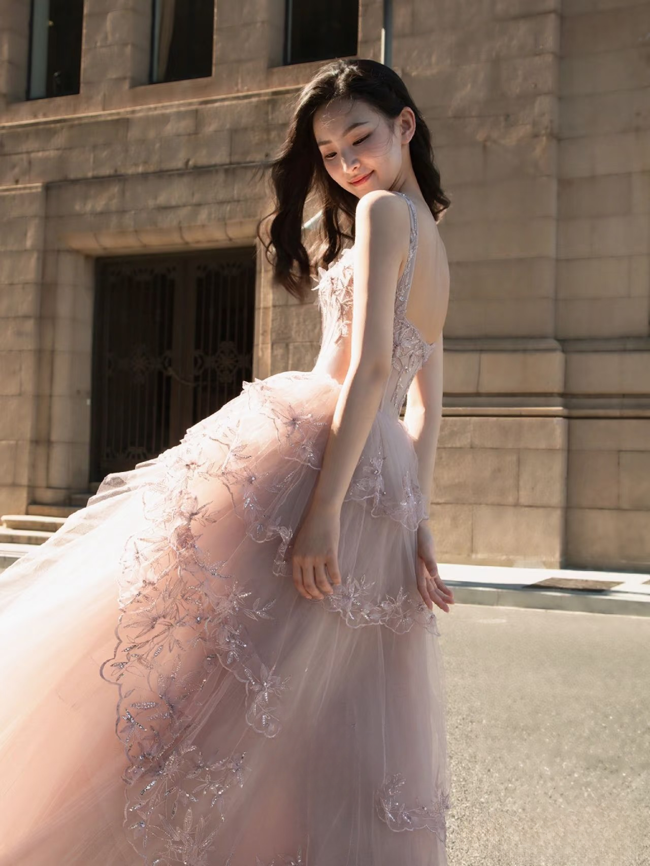 Modest Ball Gown Square Neck Pink Tulle Appliques Prom Dresses Inspiration Prom Dress Princess Party Birthday Graduation Outfits AU128