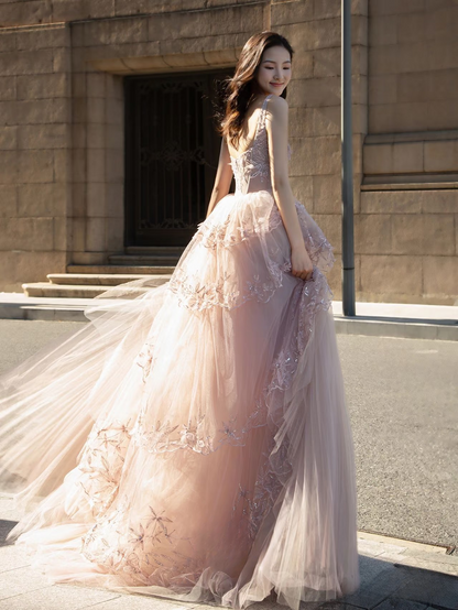Modest Ball Gown Square Neck Pink Tulle Appliques Prom Dresses Inspiration Prom Dress Princess Party Birthday Graduation Outfits AU128