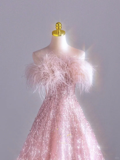 Pretty Ball Gown Strapless Pink With Feathers Sequined Prom Dresses Long Evening Party Formal Outfits RB6599