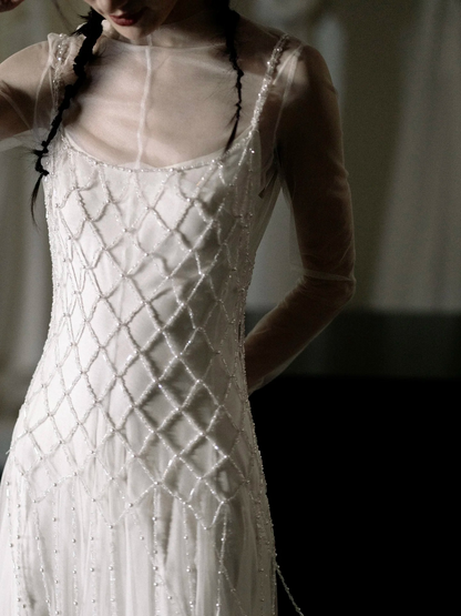 Dreamy Mermaid Tulle White Pearls White Wedding Dress Fairy Formal Wedding Dresses AU130
