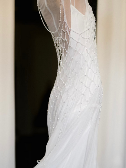 Dreamy Mermaid Tulle White Pearls White Wedding Dress Fairy Formal Wedding Dresses AU130
