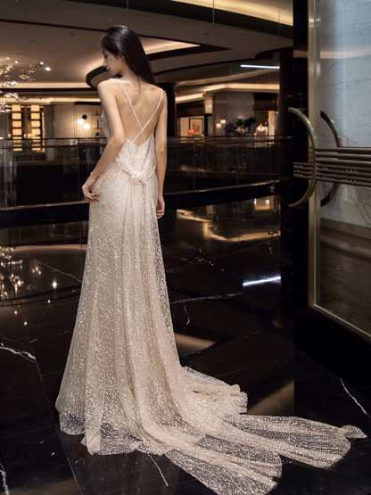 Dream Mermaid Spaghetti Straps Sequin White Wedding Dress Fairy Formal Wedding Dresses AU132