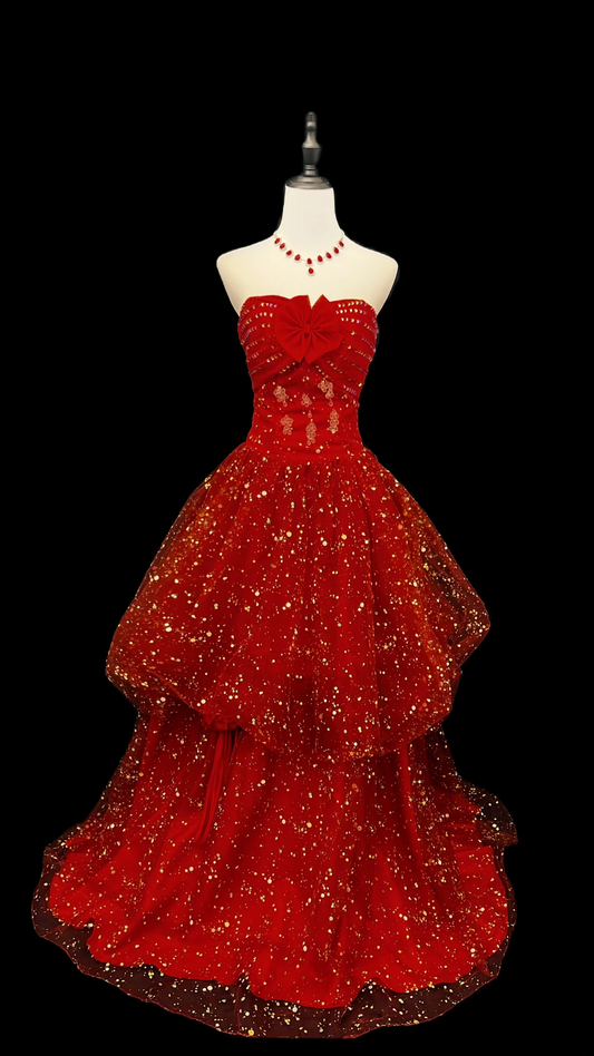Vintage Prom Dresses 2000s A line Strapless Tulle Red Prom Dress Inspiration Long Prom Dresses AU133