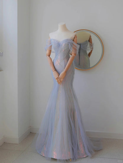 Sexy Mermaid Off The Shoulder Lilac With Short Sleeves Beads Long Prom Dresses Formal Party Dress Prom Gown AU134