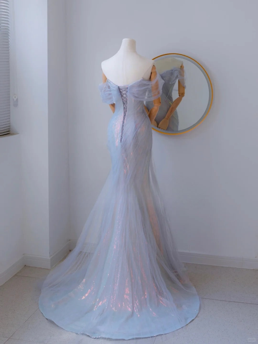 Sexy Mermaid Off The Shoulder Lilac With Short Sleeves Beads Long Prom Dresses Formal Party Dress Prom Gown AU134